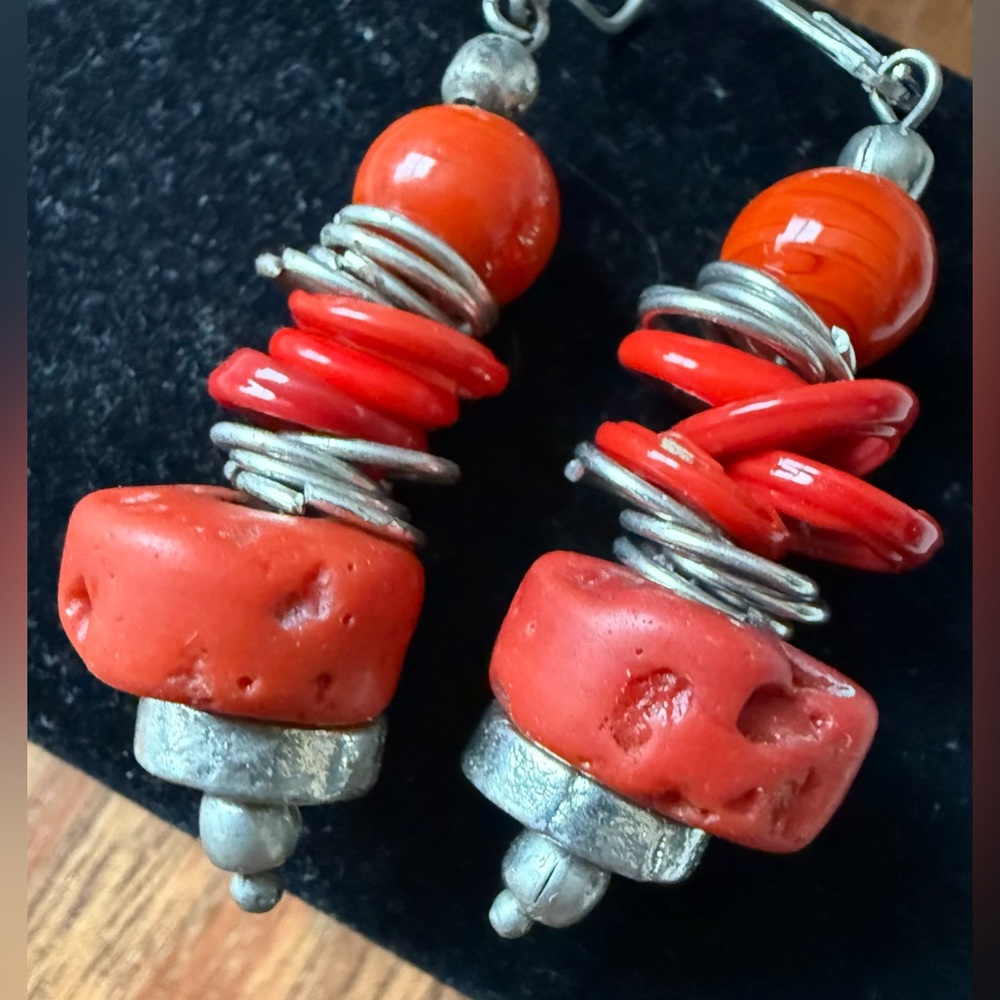 Coral Apple Slice Handcrafted Red and Silver Tone Earrings Dangling